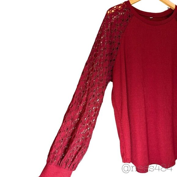 Burgundy Women's Plus Long-Sleeved Blouse w/Lace Sleeves 2XL - Picture 3 of 6